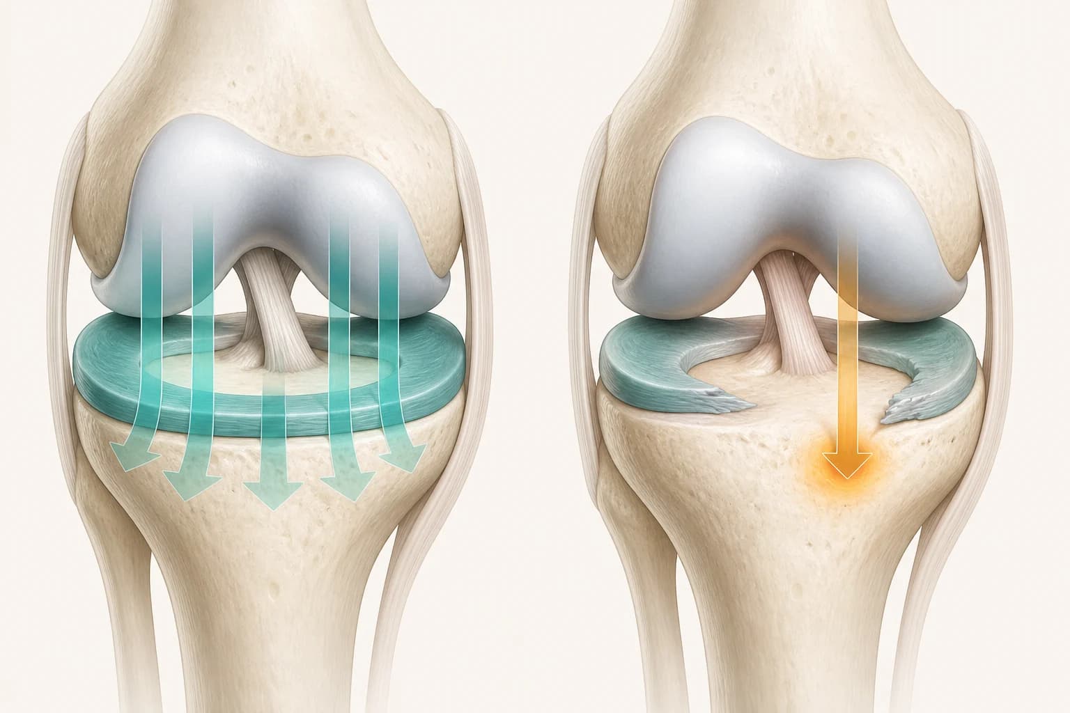 Conceptual illustration of load distribution through an intact and a damaged meniscus